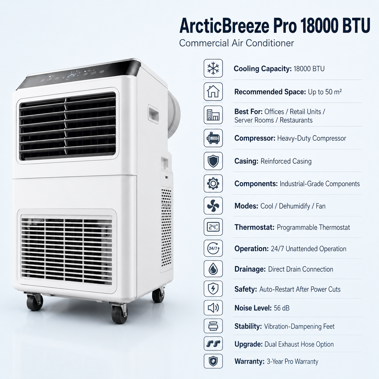 ArcticBreeze Pro 18000 BTU Commercial Air Conditioner - Specification image